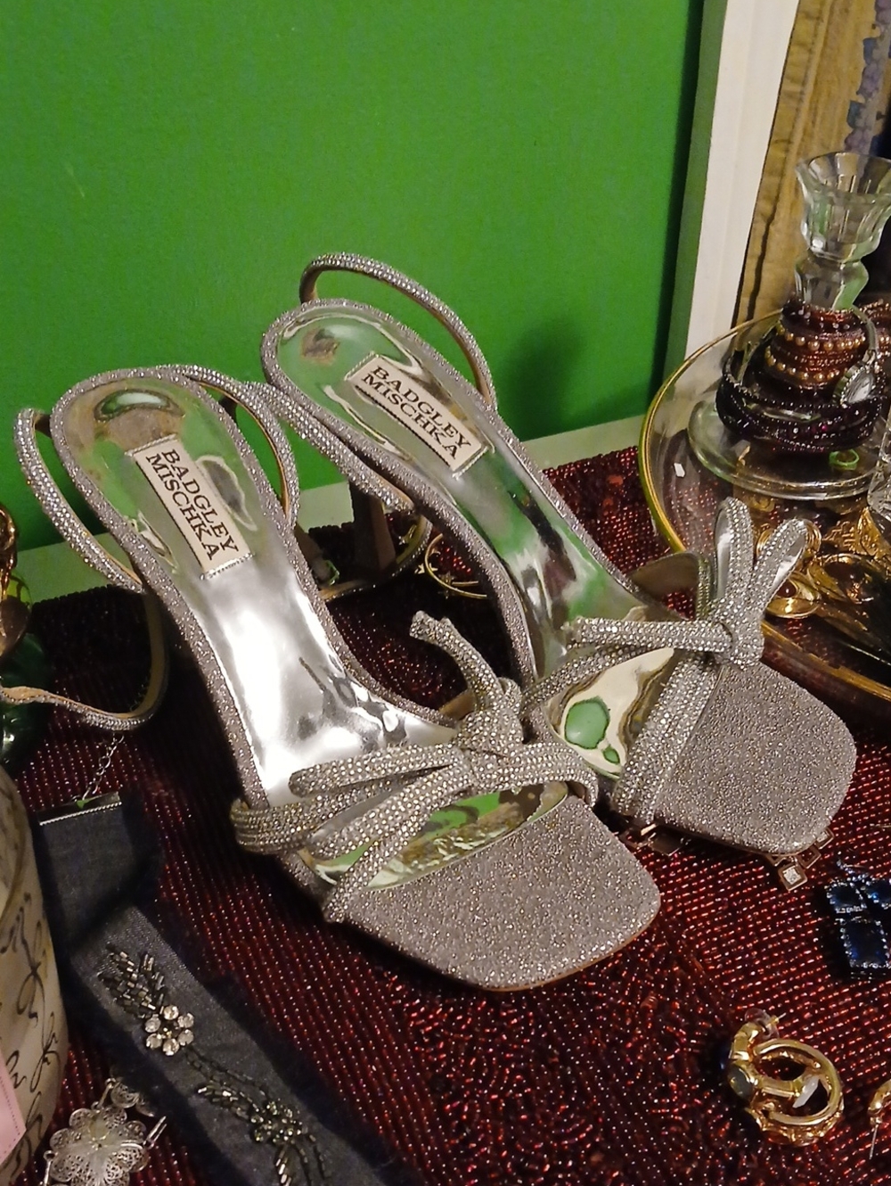 Badgley Mischka Silver Crystal Bow Ankle Strap Heels